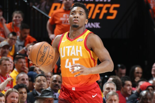 SALT LAKE CITY, UT - MAY 4: Donovan Mitchell #45 of the Utah Jazz handles the ball during the game against the Houston Rockets during Game Three of the Western Conference Semifinals of the 2018 NBA Playoffs on May 4, 2018 at the Vivint Smart Home Arena Salt Lake City, Utah. NOTE TO USER: User expressly acknowledges and agrees that, by downloading and or using this photograph, User is consenting to the terms and conditions of the Getty Images License Agreement. Mandatory Copyright Notice: Copyright 2018 NBAE (Photo by Melissa Majchrzak/NBAE via Getty Images)