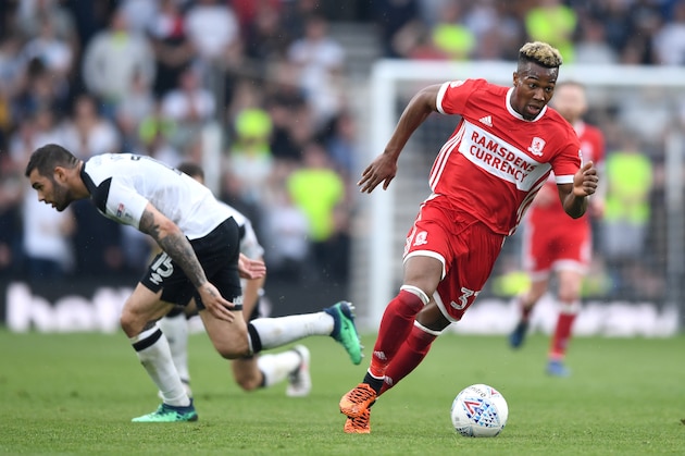 DERBY, ENGLAND - APRIL 21:  Adama Traore of Middlesbrough gets past Bradley Johnson of Derby County during the Sky Bet Championship match between Derby and Middlesbrough at iPro Stadium on April 21, 2018 in Derby, England.  (Photo by Gareth Copley/Getty Images)