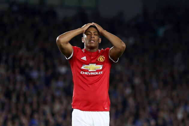 BRIGHTON, ENGLAND - MAY 04:  Anthony Martial of Manchester United reacts during the Premier League match between Brighton and Hove Albion and Manchester United at Amex Stadium on May 4, 2018 in Brighton, England.  (Photo by Bryn Lennon/Getty Images)