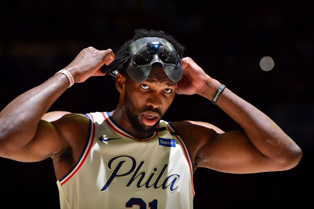 PHILADELPHIA, PA - May 5:  Joel Embiid #21 of the Philadelphia 76ers looks on against the Boston Celtics during Game Three of the Eastern Conference Semi Finals of the 2018 NBA Playoffs on May 5, 2018 in Philadelphia, Pennsylvania NOTE TO USER: User expressly acknowledges and agrees that, by downloading and/or using this Photograph, user is consenting to the terms and conditions of the Getty Images License Agreement. Mandatory Copyright Notice: Copyright 2018 NBAE (Photo by Jesse D. Garrabrant/NBAE via Getty Images)