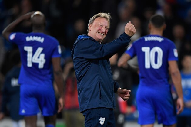 CARDIFF, WALES - APRIL 21:  Cardiff manager Neil Warnock celebrates after the Sky Bet Championship match between Cardiff City and Nottingham Forest at Cardiff City Stadium on April 21, 2018 in Cardiff, Wales.  (Photo by Stu Forster/Getty Images)