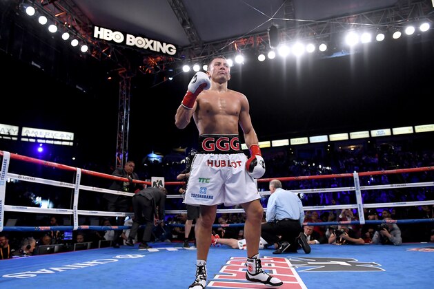 CARSON, CA - MAY 05:  Gennady Golovkin reacts after a second round knockout of Vanes Martirosyan during the WBC-WBA Middleweight Championship at StubHub Center on May 5, 2018 in Carson, California.  (Photo by Harry How/Getty Images)