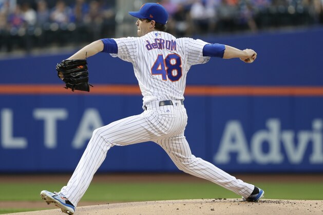 New York Mets' Jacob deGrom delivers a pitch during the first inning of the team's baseball game against the Atlanta Braves on Wednesday, May 2, 2018, in New York. (AP Photo/Frank Franklin II)