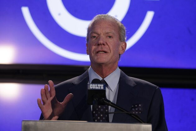 Indianapolis Colts owner Jim Irsay speaks before head coach Frank Reich was introduced at the team's new had football coach during a press conference in Indianapolis, Tuesday, Feb. 13, 2018. (AP Photo/Michael Conroy)