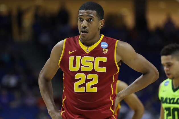 TULSA, OK - MARCH 19: De'Anthony Melton #22 of the USC Trojans reacts against the Baylor Bears during the second round of the 2017 NCAA Men's Basketball Tournament at BOK Center on March 19, 2017 in Tulsa, Oklahoma.  (Photo by Ronald Martinez/Getty Images)