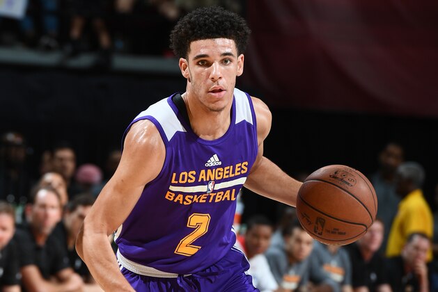 LAS VEGAS, NV - JULY 16: Lonzo Ball #2 of the Los Angeles Lakers handles the ball against the Dallas Mavericks during the 2017 Summer League Semifinals on July 16, 2017 at the Thomas & Mack Center in Las Vegas, Nevada. NOTE TO USER: User expressly acknowledges and agrees that, by downloading and/or using this Photograph, user is consenting to the terms and conditions of the Getty Images License Agreement. Mandatory Copyright Notice: Copyright 2017 NBAE (Photo by Garrett Ellwood/NBAE via Getty Images)
