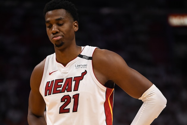 MIAMI, FL - APRIL 21: Hassan Whiteside #21 of the Miami Heat in action in the third quarter during Game Four of Round One of the 2018 NBA Playoffs between the Miami Heat and the Philadelphia 76ers at American Airlines Arena on April 21, 2018 in Miami, Florida. NOTE TO USER: User expressly acknowledges and agrees that, by downloading and or using this photograph, User is consenting to the terms and conditions of the Getty Images License Agreement. (Photo by Mark Brown/Getty Images) *** Local Caption *** Hassan Whiteside