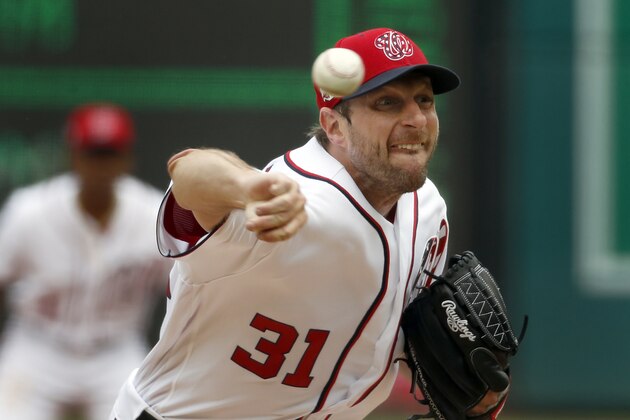 Washington Nationals starting pitcher Max Scherzer throws during the second inning of a baseball game against the Philadelphia Phillies at Nationals Park, Sunday, May 6, 2018, in Washington. (AP Photo/Alex Brandon)