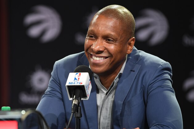 TORONTO, CANADA - JUNE 7:  Serge Ibaka #9 and President of the Toronto Raptors, Masai Ujiri announce his re-signing during a press conference on June 7, 2017 at the Air Canada Centre in Toronto, Ontario, Canada. NOTE TO USER: User expressly acknowledges and agrees that, by downloading and or using this Photograph, user is consenting to the terms and conditions of the Getty Images License Agreement.  Mandatory Copyright Notice: Copyright 2017 NBAE (Photo by Ron Turenne/NBAE via Getty Images)