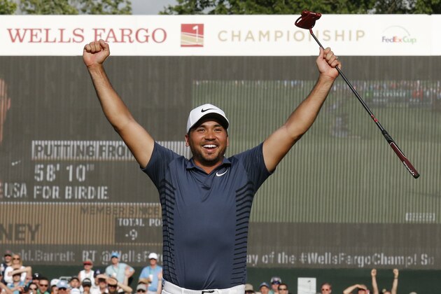 Jason Day celebrates after winning the Wells Fargo Championship golf tournament at Quail Hollow Club in Charlotte, N.C., Sunday, May 6, 2018. (AP Photo/Jason E. Miczek)