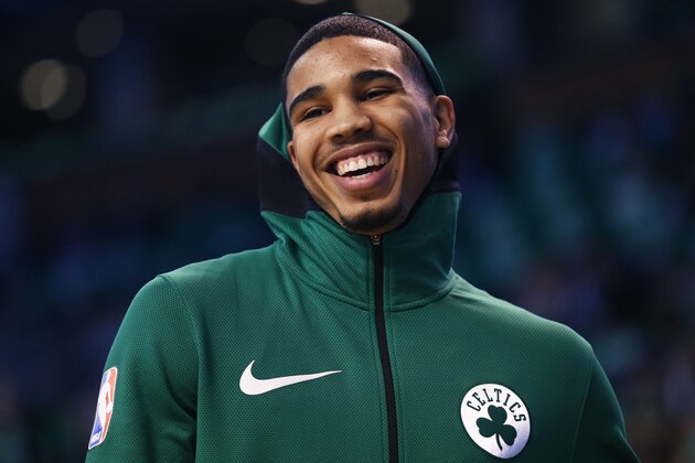 BOSTON, MA - OCTOBER 18: Jayson Tatum #0 of the Boston Celtics before the game against the Milwaukee Bucks at TD Garden on October 18, 2017 in Boston, Massachusetts. NOTE TO USER: User expressly acknowledges and agrees that, by downloading and or using this Photograph, user is consenting to the terms and conditions of the Getty Images License Agreement. (Photo by Maddie Meyer/Getty Images)