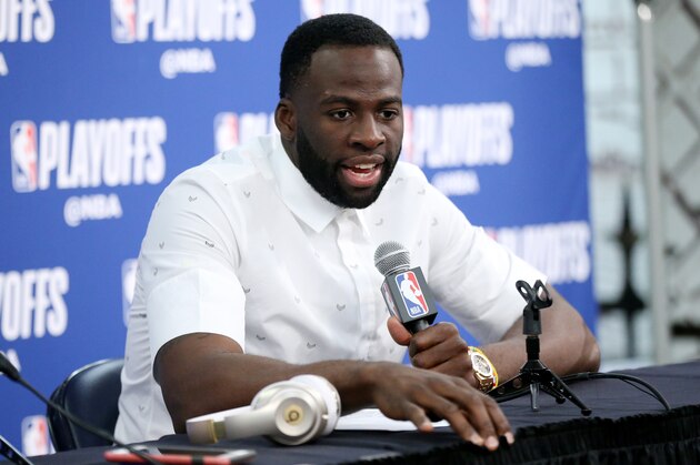 NEW ORLEANS, LA - MAY 6:  Draymond Green #23 of the Golden State Warriors talks with the media follwoing Game Four of the Western Conference Semifinals of the 2018 NBA Playoffs against the New Orleans Pelicans on May 6, 2018 at Smoothie King Center in New Orleans, Louisiana. NOTE TO USER: User expressly acknowledges and agrees that, by downloading and or using this Photograph, user is consenting to the terms and conditions of the Getty Images License Agreement. Mandatory Copyright Notice: Copyright 2018 NBAE (Photo by Layne Murdoch/NBAE via Getty Images)