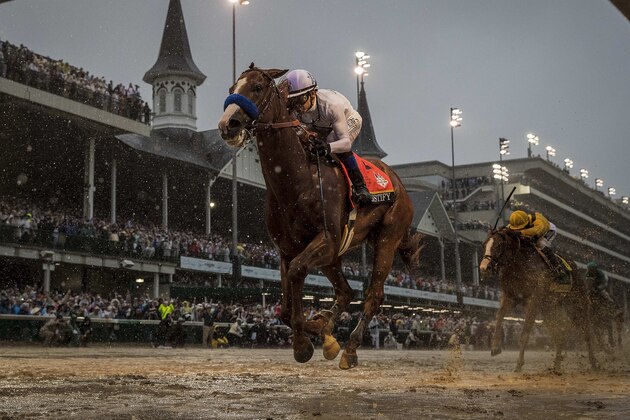 LOUISVILLE, KY - MAY 05: Justify #7 with Mike Smith up wins the 144th Kentucky Derby at Churchill Downs on May 5, 2018 in Louisville, Kentucky. (Photo by Alex Evers/Eclipse Sportswire/Getty Images)