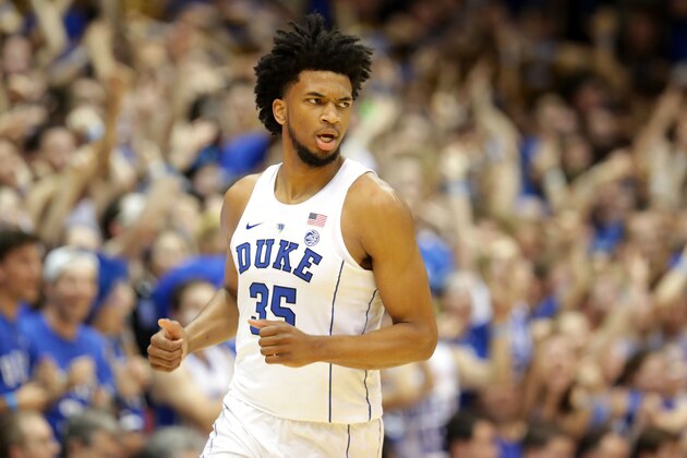 DURHAM, NC - FEBRUARY 24:  Marvin Bagley III #35 of the Duke Blue Devils reacts after a play against the Syracuse Orange during their game at Cameron Indoor Stadium on February 24, 2018 in Durham, North Carolina.  (Photo by Streeter Lecka/Getty Images)