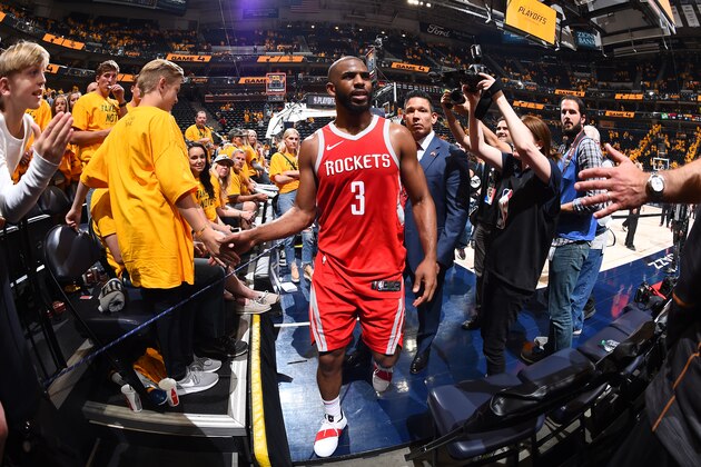SALT LAKE CITY, UT - MAY 6:  Chris Paul #3 of the Houston Rockets exits the court after winning the game against the Utah Jazz in Game Four of the Western Conference Semifinals of the 2018 NBA Playoffs on May 6, 2018 at the Vivint Smart Home Arena Salt Lake City, Utah. NOTE TO USER: User expressly acknowledges and agrees that, by downloading and or using this photograph, User is consenting to the terms and conditions of the Getty Images License Agreement. Mandatory Copyright Notice: Copyright 2018 NBAE (Photo by Andrew D. Bernstein/NBAE via Getty Images)