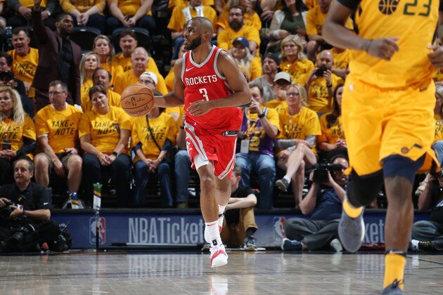 SALT LAKE CITY, UT - MAY 6:  Chris Paul #3 of the Houston Rockets handles the ball against the Utah Jazz during Game Four of the Western Conference Semifinals of the 2018 NBA Playoffs on May 6, 2018 at the Vivint Smart Home Arena in Salt Lake City, Utah. NOTE TO USER: User expressly acknowledges and agrees that, by downloading and or using this photograph, User is consenting to the terms and conditions of the Getty Images License Agreement. Mandatory Copyright Notice: Copyright 2018 NBAE (Photo by Melissa Majchrzak/NBAE via Getty Images)