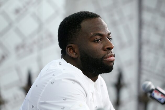 NEW ORLEANS, LA - MAY 6:  Draymond Green #23 of the Golden State Warriors talks with the media follwoing Game Four of the Western Conference Semifinals of the 2018 NBA Playoffs against the New Orleans Pelicans on May 6, 2018 at Smoothie King Center in New Orleans, Louisiana. NOTE TO USER: User expressly acknowledges and agrees that, by downloading and or using this Photograph, user is consenting to the terms and conditions of the Getty Images License Agreement. Mandatory Copyright Notice: Copyright 2018 NBAE (Photo by Layne Murdoch/NBAE via Getty Images)