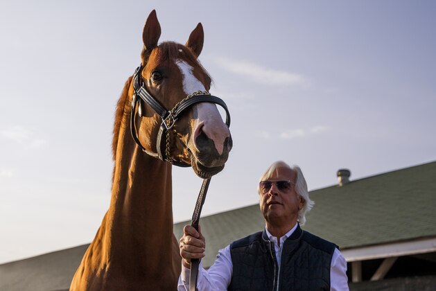 LOUISVILLE, KY - MAY 06: Trainer Bob Baffert brings out Kentucky derby winner Justify for the fans to see at Churchill Downs on May 6, 2018 in Louisville, Kentucky. (Photo by Alex Evers/Eclipse Sportswire/Getty Images)