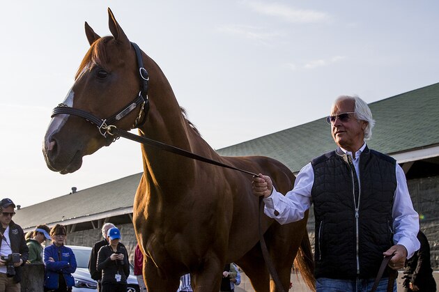 LOUISVILLE, KY - MAY 06: Trainer Bob Baffert brings out Kentucky derby winner Justify for the fans to see at Churchill Downs on May 6, 2018 in Louisville, Kentucky. (Photo by Alex Evers/Eclipse Sportswire/Getty Images)