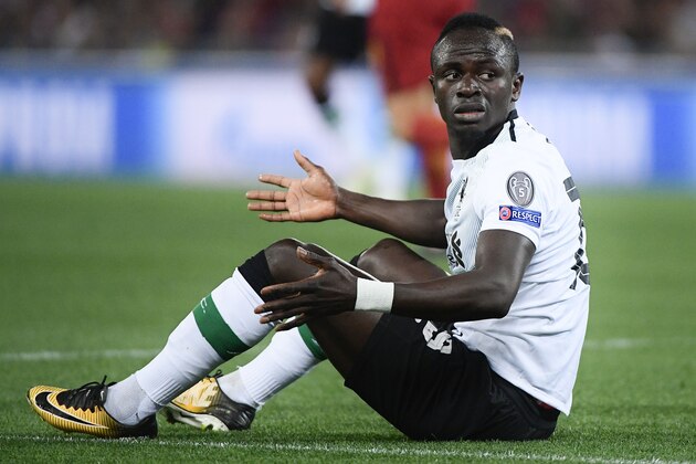 Liverpool's Senegalese midfielder Sadio Mane reacts during the UEFA Champions League semi-final second leg football match between AS Roma and Liverpool at the Olympic Stadium in Rome on May 2, 2018. (Photo by Filippo MONTEFORTE / AFP)        (Photo credit should read FILIPPO MONTEFORTE/AFP/Getty Images)