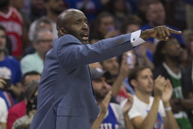 PHILADELPHIA, PA - MAY 5: Philadelphia 76ers assistant coach Lloyd Pierce yells out to his team against the Boston Celtics during Game Three of the Eastern Conference Second Round of the 2018 NBA Playoff at Wells Fargo Center on May 5, 2018 in Philadelphia, Pennsylvania. NOTE TO USER: User expressly acknowledges and agrees that, by downloading and or using this photograph, User is consenting to the terms and conditions of the Getty Images License Agreement. (Photo by Mitchell Leff/Getty Images) *** Local Caption *** Lloyd Pierce