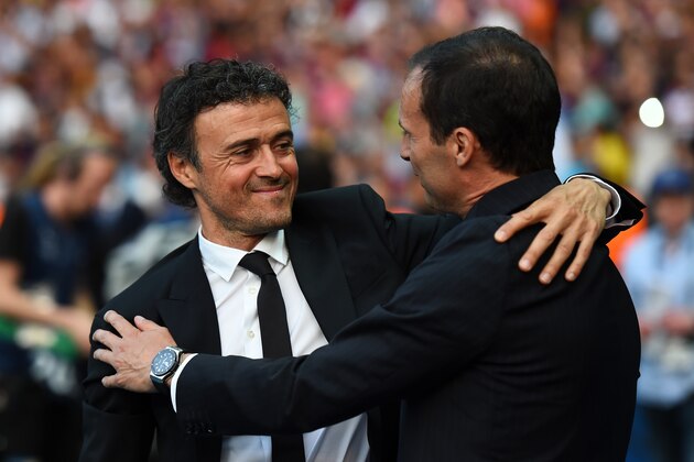 BERLIN, GERMANY - JUNE 06:  Luis Enrique manager of Barcelona greets Massimiliano Allegri manager of Juventus during the UEFA Champions League Final between Juventus and FC Barcelona at Olympiastadion on June 6, 2015 in Berlin, Germany.  (Photo by Laurence Griffiths/Getty Images)