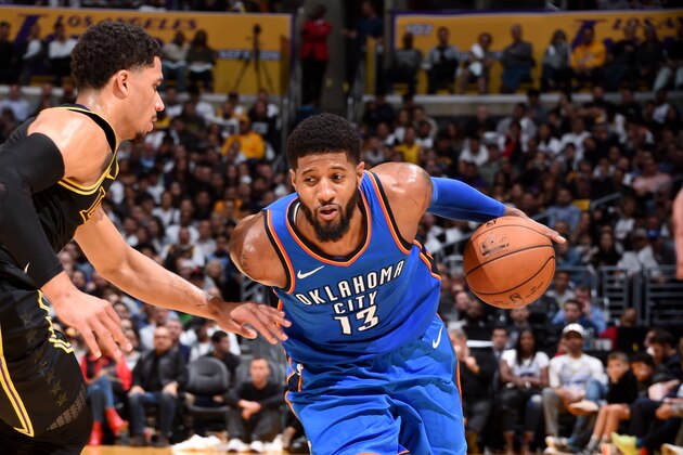 LOS ANGELES, CA - FEBRUARY 8: Paul George #13 of the Oklahoma City Thunder handles the ball during the game against the Los Angeles Lakers on February 8, 2018 at STAPLES Center in Los Angeles, California. NOTE TO USER: User expressly acknowledges and agrees that, by downloading and/or using this Photograph, user is consenting to the terms and conditions of the Getty Images License Agreement. Mandatory Copyright Notice: Copyright 2018 NBAE (Photo by Andrew D. Bernstein/NBAE via Getty Images)