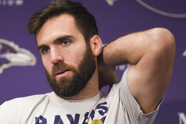 Baltimore Ravens quarterback Joe Flacco answers questions at a press conference after an NFL football game against the Cincinnati Bengals in Baltimore, Sunday, Dec 31, 2017. The Bengals defeated the Ravens 31-27. (AP Photo/Gail Burton)