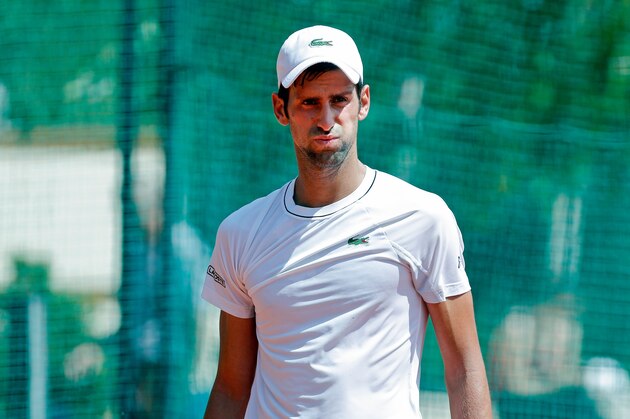 Serbia's player Novak Djokovic reacts during a training session in Belgrade, Serbia on May 2, 2018. (Photo by Pedja MILOSAVLJEVIC / AFP)        (Photo credit should read PEDJA MILOSAVLJEVIC/AFP/Getty Images)