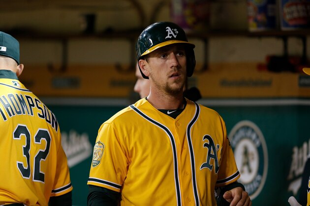 OAKLAND, CA - APRIL 16: Stephen Piscotty #25 of the Oakland Athletics looks on in the dugout after scoring on a single hit by Jed Lowrie #8 in the eighth inning against the Chicago White Sox at Oakland Alameda Coliseum on April 16, 2018 in Oakland, California. (Photo by Lachlan Cunningham/Getty Images)