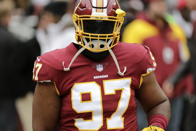 Washington Redskins defensive tackle Terrell McClain warms up prior to an NFL football game against the Denver Broncos, Sunday, Dec. 24, 2017, in Landover, Md. (AP Photo/Mark Tenally)
