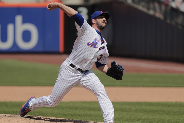 New York Mets' pitcher Matt Harvey (33) delivers against the Atlanta Braves during the seventh inning of a baseball game, Thursday, May 3, 2018, in New York. (AP Photo/Julie Jacobson)