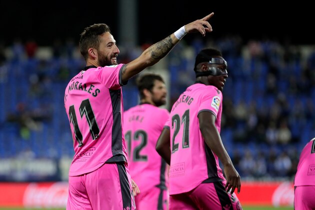 MADRID, SPAIN - MAY 7: Jose Morales of Levante celebrates 0-1 during the La Liga Santander  match between Leganes v Levante at the Estadio Municipal de Butarque on May 7, 2018 in Madrid Spain (Photo by David S. Bustamante/Soccrates/Getty Images)