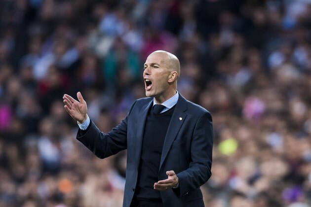 MADRID, SPAIN - MAY 01: Manager Zinedine Zidane of Real Madrid reacts during the UEFA Champions League Semi Final Second Leg match between Real Madrid and Bayern Muenchen at the Bernabeu on May 1, 2018 in Madrid, Spain. (Photo by Power Sport Images/Getty Images)