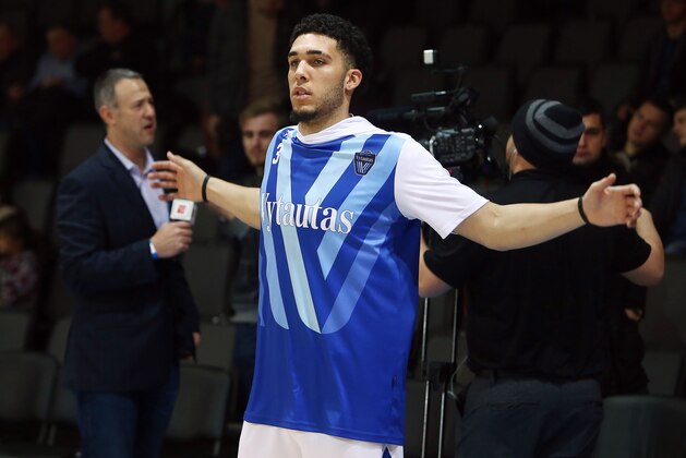 PRIENAI, LITHUANIA - JANUARY 09:  LiAngelo Ball of Vytautas Prienai prior to the match between Vytautas Prienai and Zalgiris Kauno on January 9, 2018 in Prienai, Lithuania.  (Photo by Alius Koroliovas/Getty Images)