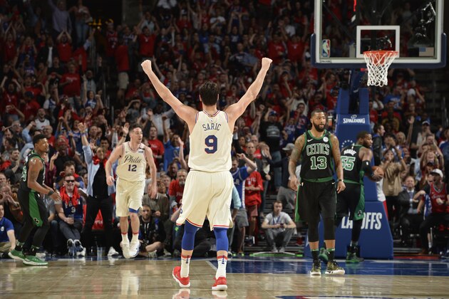 PHILADELPHIA, PA - MAY 7: Dario Saric #9 of the Philadelphia 76ers reacts during game against the Boston Celtics in Game Four of the Eastern Conference Semifinals during the 2018 NBA Playoffs on May 7, 2018 at Wells Fargo Center in Philadelphia, Pennsylvania. NOTE TO USER: User expressly acknowledges and agrees that, by downloading and/or using this photograph, user is consenting to the terms and conditions of the Getty Images License Agreement. Mandatory Copyright Notice: Copyright 2018 NBAE (Photo by David Dow/NBAE via Getty Images)