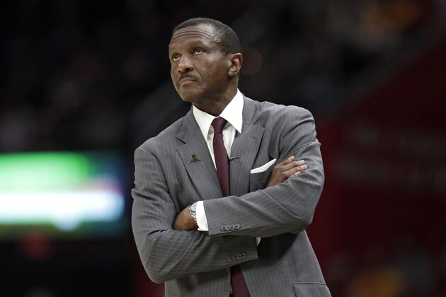 Toronto Raptors head coach Dwane Casey looks up in the first half of an NBA basketball game against the Cleveland Cavaliers, Wednesday, March 21, 2018, in Cleveland. (AP Photo/Tony Dejak)