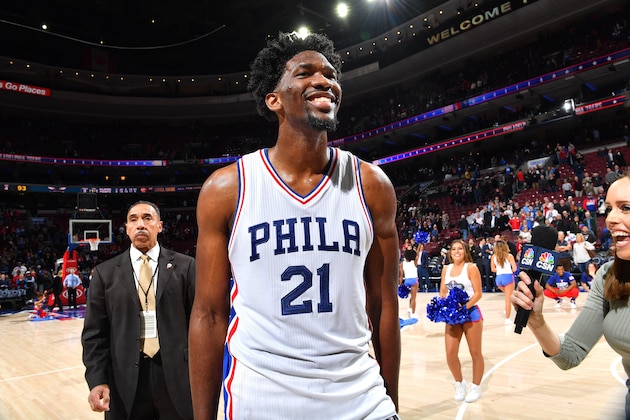 PHILADELPHIA, PA - JANUARY 13: Joel Embiid #21 of the Philadelphia 76ers looks on celebrating their victory after the game against the Charlotte Hornets on January 13, 2017 at Wells Fargo Center in Philadelphia, Pennsylvania. NOTE TO USER: User expressly acknowledges and agrees that, by downloading and or using this photograph, User is consenting to the terms and conditions of the Getty Images License Agreement. Mandatory Copyright Notice: Copyright 2017 NBAE (Photo by Jesse D. Garrabrant/NBAE via Getty Images)