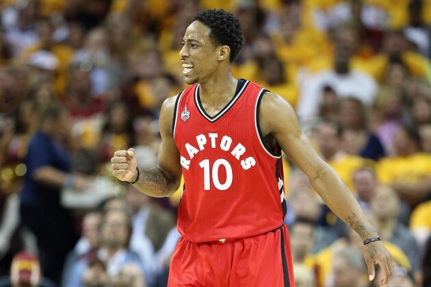 CLEVELAND, OH - MAY 19:  DeMar DeRozan #10 of the Toronto Raptors reacts during the first half against the Cleveland Cavaliers in game two of the Eastern Conference Finals during the 2016 NBA Playoffs at Quicken Loans Arena on May 19, 2016 in Cleveland, Ohio.  (Photo by Andy Lyons/Getty Images)