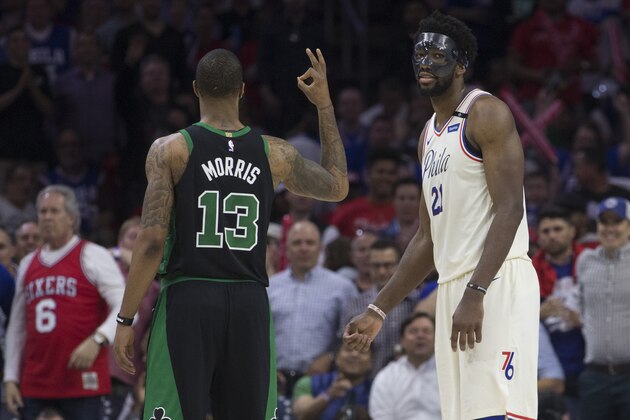 PHILADELPHIA, PA - MAY 7: Marcus Morris #13 of the Boston Celtics gestures to Joel Embiid #21 of the Philadelphia 76ers in the third quarter during Game Four of the Eastern Conference Second Round of the 2018 NBA Playoffs at Wells Fargo Center on May 7, 2018 in Philadelphia, Pennsylvania. The 76ers defeated the Celtics 103-92. NOTE TO USER: User expressly acknowledges and agrees that, by downloading and or using this photograph, User is consenting to the terms and conditions of the Getty Images License Agreement. (Photo by Mitchell Leff/Getty Images) PHILADELPHIA, PA - MAY 7: Marcus Morris #13 of the Boston Celtics gestures to Joel Embiid #21 of the Philadelphia 76ers in the third quarter during Game Four of the Eastern Conference Second Round of the 2018 NBA Playoffs at Wells Fargo Center on May 7, 2018 in Philadelphia, Pennsylvania. The 76ers defeated the Celtics 103-92. NOTE TO USER: User expressly acknowledges and agrees that, by downloading and or using this photograph, User is consenting to the terms and conditions of the Getty Images License Agreement. (Photo by Mitchell Leff/Getty Images)