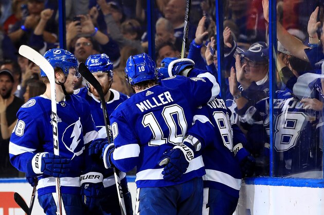 TAMPA, FL - MAY 06:  Brayden Point #21 of the Tampa Bay Lightning celebrates a goal during Game Five of the Eastern Conference Second Round against the Boston Bruins during the 2018 NHL Stanley Cup Playoffs at Amalie Arena on May 6, 2018 in Tampa, Florida.  (Photo by Mike Ehrmann/Getty Images)