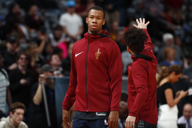 Cleveland Cavaliers guard Rodney Hood (1) in the first half of an NBA basketball game Wednesday, March 7, 2018, in Denver. (AP Photo/David Zalubowski)