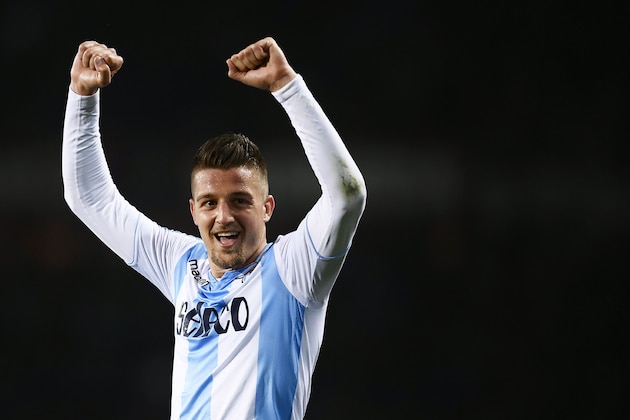 Lazio's midfielder Sergej Milinkovic-Savic from Serbia celebrates at the end of the Italian Serie A football match Torino Vs Lazio on April 29, 2018 at the 'Grande Torino Stadium' in Turin. (Photo by MARCO BERTORELLO / AFP)        (Photo credit should read MARCO BERTORELLO/AFP/Getty Images)