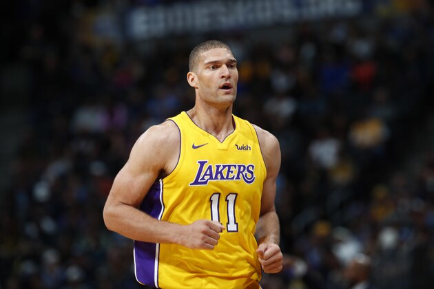 Los Angeles Lakers center Brook Lopez (11) in the second half of an NBA basketball game Friday, March 9, 2018, in Denver. The Nuggets won 125-116.(AP Photo/David Zalubowski)