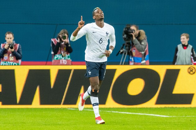 SAINT PETERSBURG, RUSSIA - MARCH 27:  France's Paul Pogba celebrates after scoring the second goal of his team during the International friendly football match at Saint Petersburg Stadium on March 27, 2018 in Saint-Petersburg, Russia.  (Photo by MB Media/Getty Images)