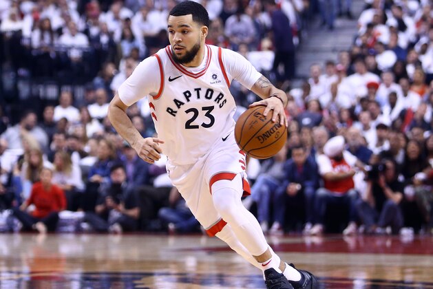 TORONTO, ON - MAY 03:  Fred VanVleet #23 of the Toronto Raptors dribbles the ball in the first half of Game Two of the Eastern Conference Semifinals against the Cleveland Cavaliers during the 2018 NBA Playoffs at Air Canada Centre on May 3, 2018 in Toronto, Canada.  NOTE TO USER: User expressly acknowledges and agrees that, by downloading and or using this photograph, User is consenting to the terms and conditions of the Getty Images License Agreement.  (Photo by Vaughn Ridley/Getty Images)
