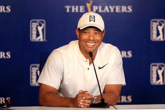 PONTE VEDRA BEACH, FL - MAY 08:  Tiger Woods of the United States speaks to the media during practice rounds prior to THE PLAYERS Championship on the Stadium Course at TPC Sawgrass on May 8, 2018 in Ponte Vedra Beach, Florida.  (Photo by Sam Greenwood/Getty Images)