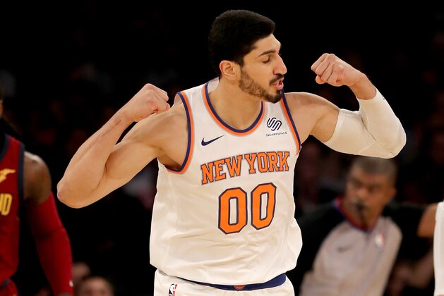 NEW YORK, NY - NOVEMBER 13:  Enes Kanter #00 of the New York Knicks celebrates his shot in the first half against the Cleveland Cavaliers at Madison Square Garden on November 13, 2017 in New York City. NOTE TO USER: User expressly acknowledges and agrees that, by downloading and or using this Photograph, user is consenting to the terms and conditions of the Getty Images License Agreement  (Photo by Elsa/Getty Images)