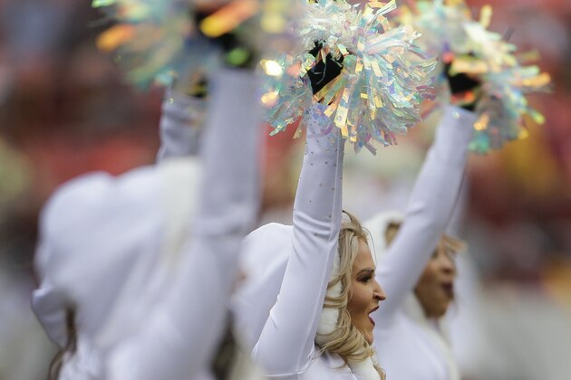 The Washington Redskins cheerleaders perform during the first half an NFL football game against the Denver Broncos in Landover, Md., Sunday, Dec 24, 2017. (AP Photo/Mark Tenally)