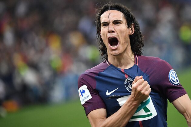 Paris Saint-Germain's Uruguayan forward Edinson Cavani celebrates after scoring a goal during the French Cup final football match between Les Herbiers and Paris Saint-Germain (PSG), on May 8, 2018 at the Stade de France in Saint-Denis, outside Paris. (Photo by FRANCK FIFE / AFP)        (Photo credit should read FRANCK FIFE/AFP/Getty Images)